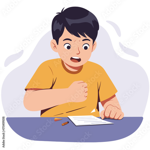 Boy looking surprised while holding paper and sitting at a table  
