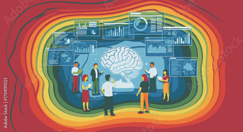A diverse team of scientists and researchers collaborating around a large, glowing brain, analyzing data on futuristic holographic screens and charts.