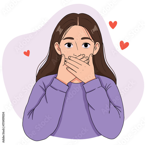 Young woman covering mouth with hands and expressing surprise  