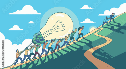 A diverse team of people collaborates to push a giant lightbulb idea up a steep hill, symbolizing teamwork, innovation, and shared goals.