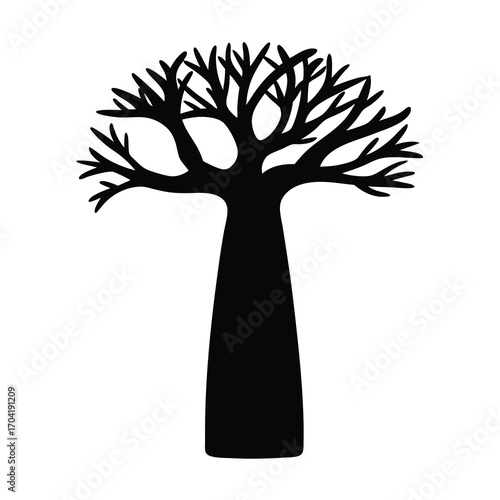 Stylized baobab tree silhouette on a white background for botanical illustration