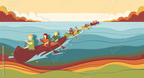 A group of people paddling in a line of canoes on a wavy body of water, depicted in a colorful, layered paper-cut illustration style.