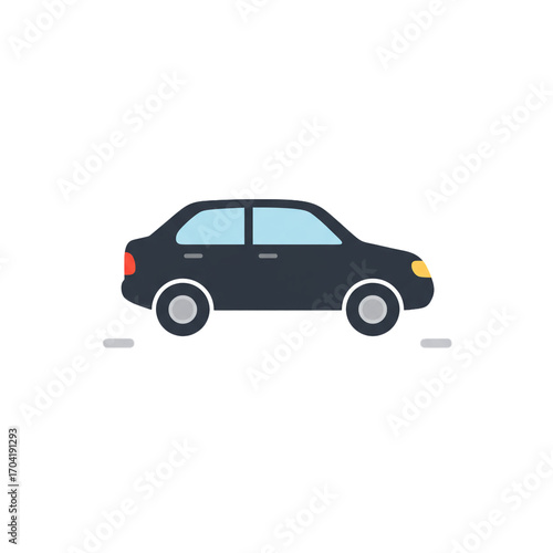 Simple minimalist black sedan car icon on a white background with a subtle gray shadow below