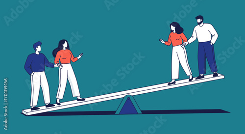 Illustration of two couples on a seesaw, one side outweighing the other, symbolizing imbalance and comparison.