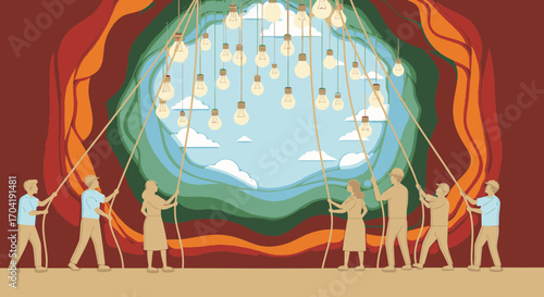 A diverse group of people collaborates, pulling back layers to reveal a bright sky with hanging light bulbs symbolizing innovation and a new future.