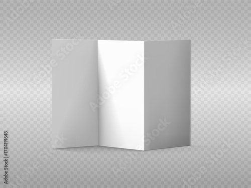 Tri Fold Brochure Mockup. Vector white blank vertical four panel accordion fold opened on white background. Concertina fold, leaflet, brochure, booklet, flyer or invitation card