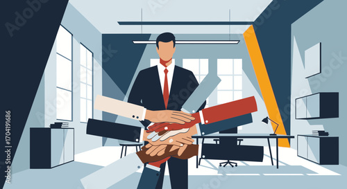 Business team putting hands together in a huddle, symbolizing unity and teamwork in a modern office environment.
