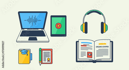 Illustration of online learning concept with laptop, tablet, headphones, and educational icons.