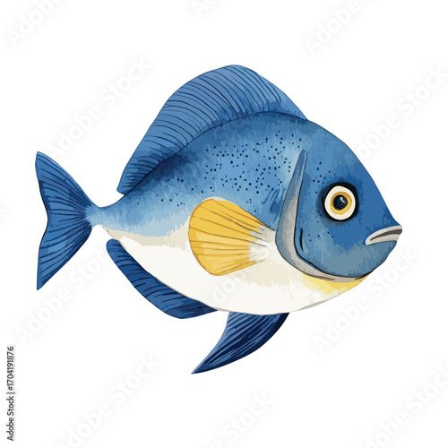 Detailed Blue Fish with Yellow Fins and Speckled Body Illustration