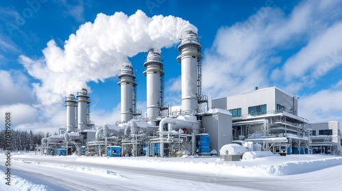 Power plant emitting steam in winter landscape