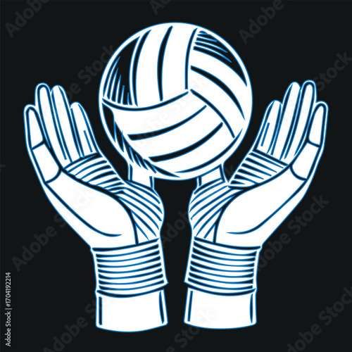 Vector illustration of goalkeeper gloves holding a soccer ball. Modern sports design concept for football, futsal, or soccer tournaments. Perfect for logos, emblems, posters, team branding, or sports 