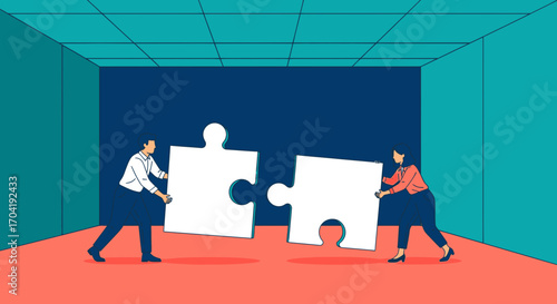 Man and woman holding giant jigsaw puzzle pieces, symbolizing collaboration, teamwork, and finding a solution.