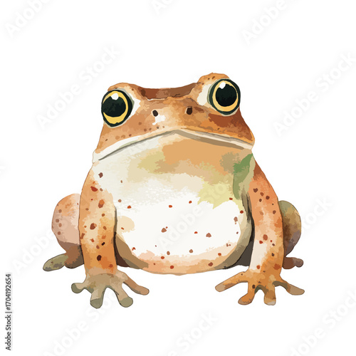 Frontfacing speckled brown frog with large golden eyes and webbed feet