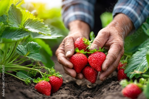 Farmer holding freshly picked strawberries in cultivated field