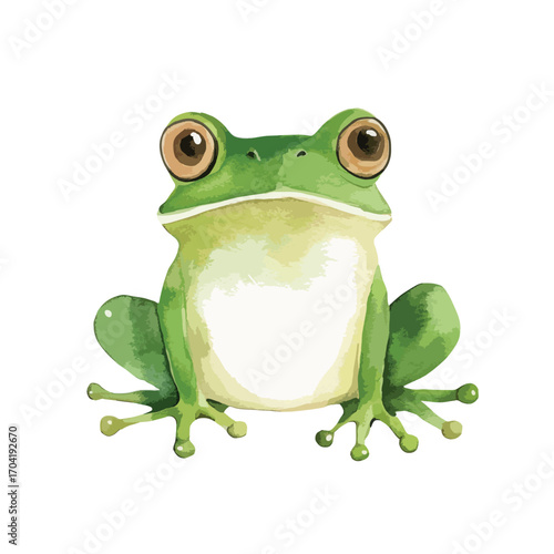 Frontfacing green frog with large brown eyes and textured skin
