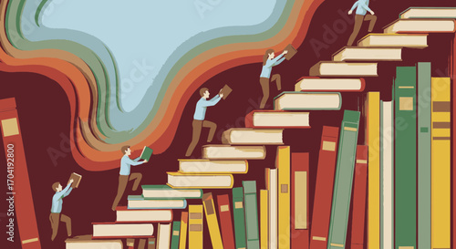 An illustration of people climbing a staircase made of books, symbolizing the journey of learning, knowledge, and personal growth.