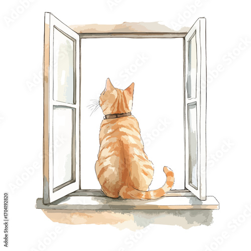 Ginger Cat Gazing from Open Window Watercolor Style