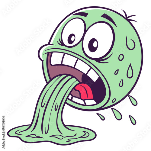 A cartoon green monster with big eyes and an open mouth is vomiting a large amount of green slime onto a white background looking terrified and sick