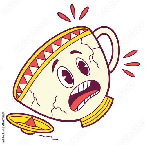A cartoon cracked teacup with a surprised expression and a sombrero like rim falling over with its saucer breaking away representing a moment of shock or disaster
