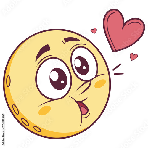 A cartoon yellow moon character with a big surprised expression and blushing cheeks sending a kiss with hearts floating around it perfect for love and affection themes