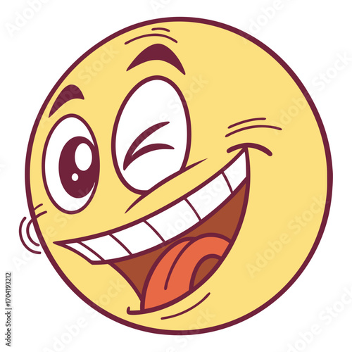 A cartoon yellow smiley face with a wide open mouth and a big smile winks one eye conveying extreme joy and amusement with its expressive features and playful design