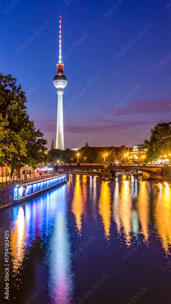 Obraz premium Nighttime cityscape by a river