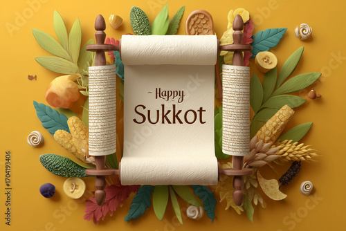 Celebrate Sukkot with a Torah scroll surrounded by vibrant Sukkot symbols showcasing the beauty of the Jewish holiday in a festive arrangement