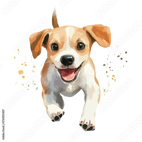 Joyful Beagle Puppy Watercolor Portrait Running Towards Viewer
