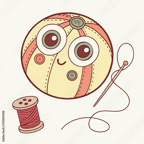 A charming whimsical illustration of a happy cartoon ball with large expressive eyes a gentle smile and sewing details accompanied by a spool of thread and a needle