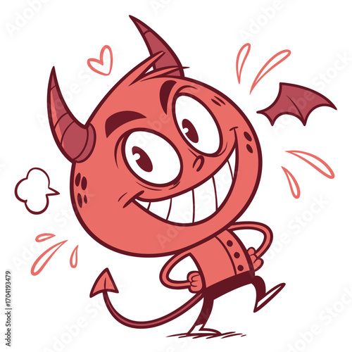 A cheerful and mischievous cartoon devil character with a wide grin horns a tail and small wings depicted in a playful and energetic pose with stylized hearts and splashes