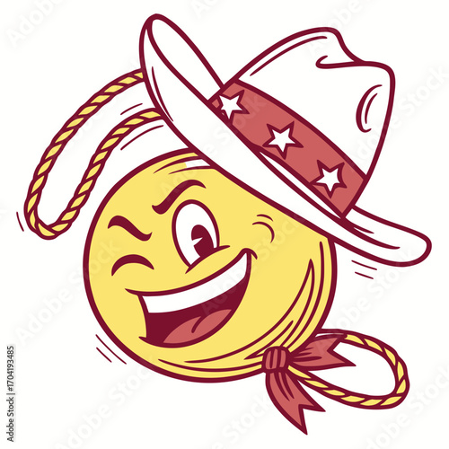 A cheerful and winking cartoon smiley face wearing a white cowboy hat adorned with red stars and a lasso tied around its neck conveying a fun and adventurous spirit