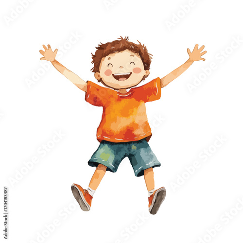 Joyful Boy in Orange Shirt and Blue Shorts Leaping