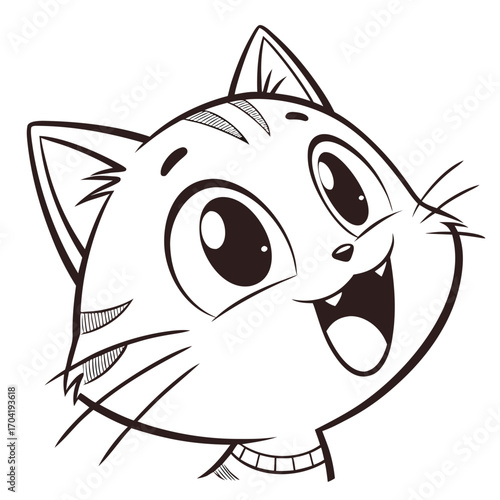 A cheerful cartoon cat face with big expressive eyes and a wide open mouth showcasing a playful and happy demeanor perfect for children s content and playful designs
