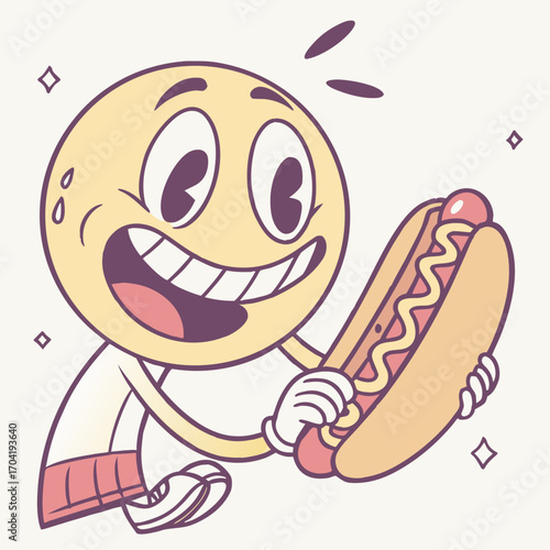 A cheerful cartoon character with a big smile and wide eyes joyfully holding a delicious hot dog with mustard and ketchup in a retro animation style