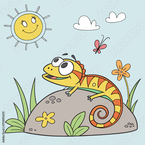A cheerful cartoon chameleon with big eyes and a striped tail rests on a rock under a smiling sun and fluffy clouds with a butterfly and flowers nearby