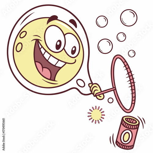 A cheerful cartoon character with a big smile and wide eyes enclosed in a bubble joyfully blowing bubbles with a wand and a bottle of bubble solution