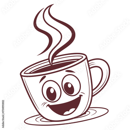 A cheerful cartoon coffee cup with a happy face and steam rising from the hot beverage perfect for breakfast or cafe themes