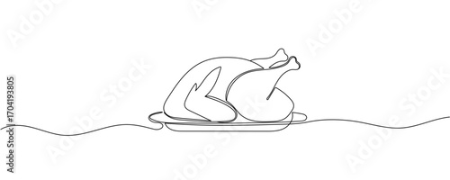 Roasted chicken or turkey in one continuous line drawing. Thanksgiving dinner in simple linear style. Fall harvest in editable stroke. Doodle outline vector illustration Editable stroke