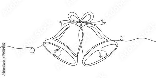 One continuous line drawing of christmas bells. Xmas festive decoration with mistletoe and bow in simple linear style. Elegance logo editable stroke. Doodle monoline vector illustration Editable strok