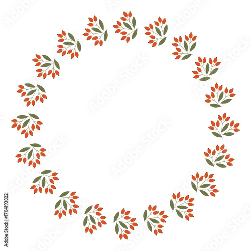 Round frame of cartoon twigs with berries. Hand drawn. Vector illustration