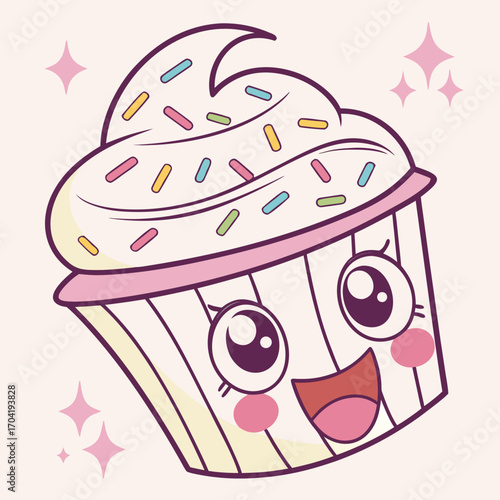 A cheerful cartoon cupcake with a swirl of white frosting and colorful sprinkles featuring a happy face with big eyes and rosy cheeks surrounded by sparkling stars on a light pink background
