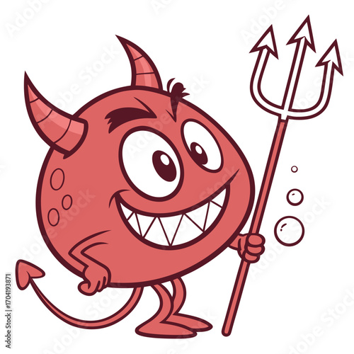 A cheerful cartoon devil character with red skin pointy horns a long tail and a mischievous grin holding a trident and looking directly at the viewer with big eyes and a playful expression