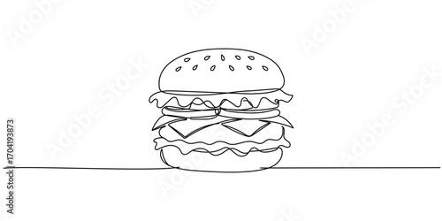 One continuous line illustration of a hamburger, isolated on white background. Line art of hamburger Editable stroke