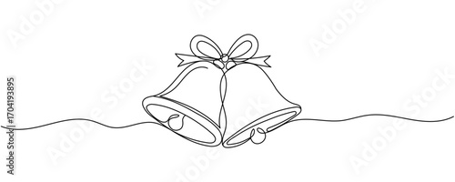 One continuous line drawing of christmas bells. Xmas festive decoration with mistletoe and bow in simple linear style. Elegance logo editable stroke. Doodle monoline vector illustration Editable strok