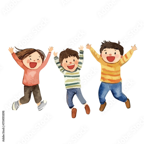 Joyful Children Leaping Watercolor Illustration
