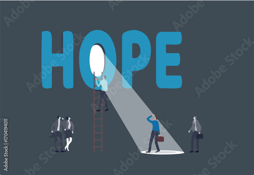 Hope or faith to success, positive thinking or business challenge, belief or optimistic for better bright future, solution concept, businessman climb up ladder in the dark to see light beam hope. 