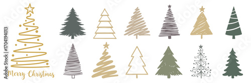 Set of christmas tree line art. Abstract linear christmas tree. Hand drawn christmas trees doodle. Minimalist and elegant christmas ornament. Vector illustration