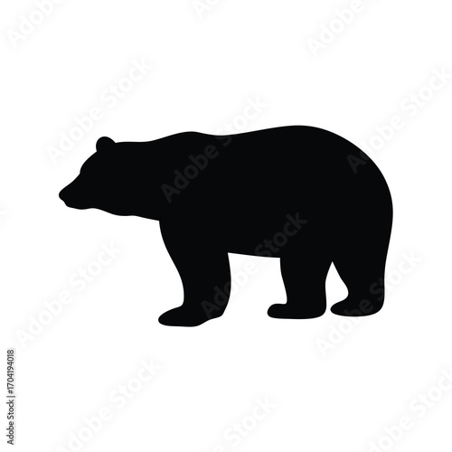 Black bear standing, silhouette, facing left against a white background illustration