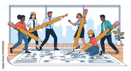 A diverse team of architects and engineers collaborating on a large blueprint on the floor using giant pencils in a modern office.