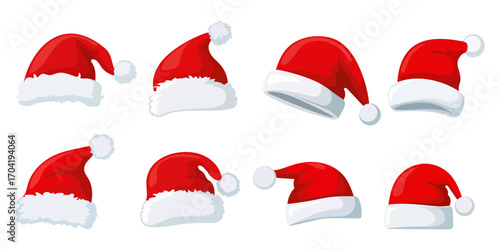 Collection of red santa claus hats. Vector.
